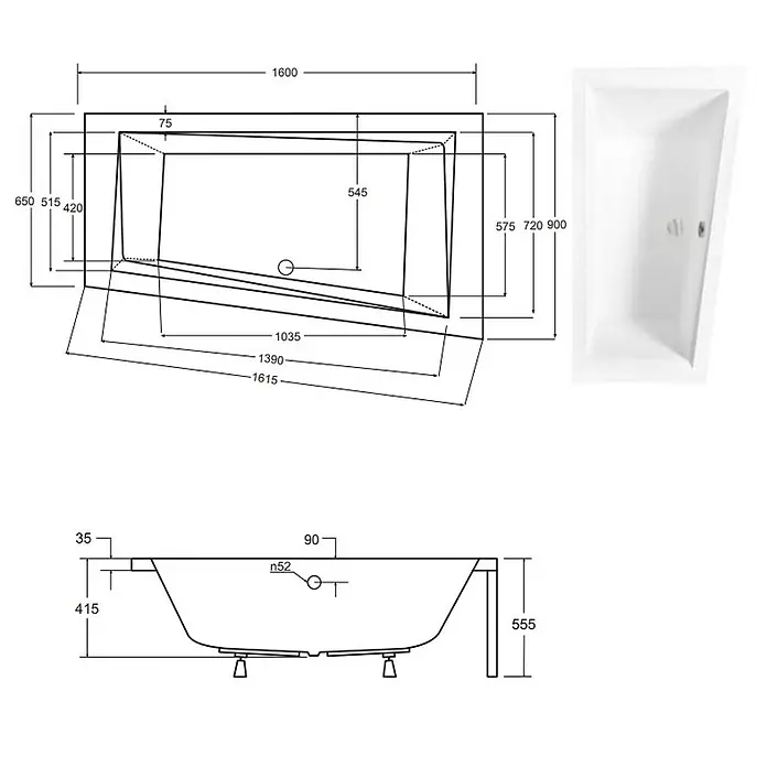 Bad Land Eckbadewanne - L x B: 160 x 90 cm, Sanitäracryl, Weiß - Weiße Badewanne mit detaillierten technischen Maßzeichnungen.