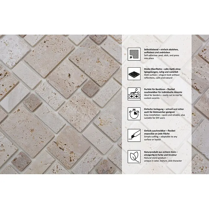 Selbstklebemosaik Travertin SAM 4CM14 -  - Beige Natursteinmosaikfliesen in diagonalem Muster.