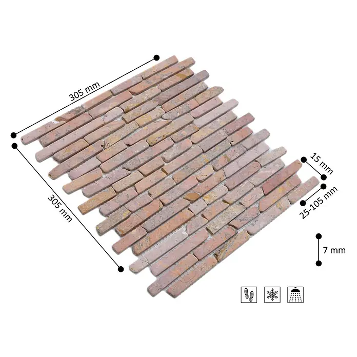 Mosaikfliese MOS BRICK 145 - 30,5 x 30,5 cm, Rot, Matt - Mosaikmatte aus rötlich-braunem Naturstein, 305x305mm. Einzelne Steine 15mm breit, 25-105mm lang, 7mm dick.