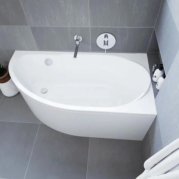 Bad Land Eckbadewanne MIKI Acryl-Eckwanne 140 x 70 cm rechts Weiß, inkl. Acrylschürze - Sanitäracryl, Weiß - Eine weiße, moderne, gebogene Eckbadewanne mit integrierter Armatur und Abfluss.