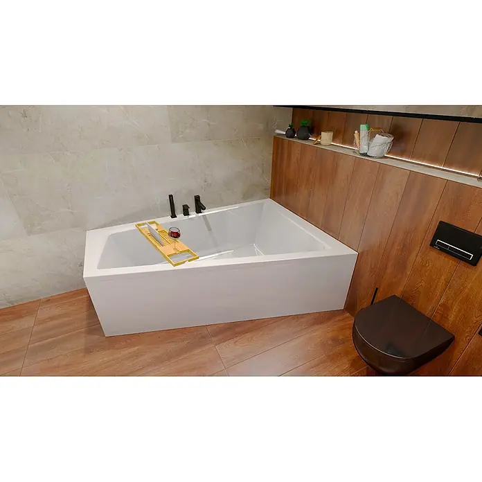 Bad Land Eckbadewanne INTIMA Acrylwanne 170 x 125 cm rechts Weiß m. Acrylschürze - Sanitäracryl, Weiß - Moderne weiße Badewanne in einem Badezimmer mit Holzpaneelen und hellen Marmorfliesen.