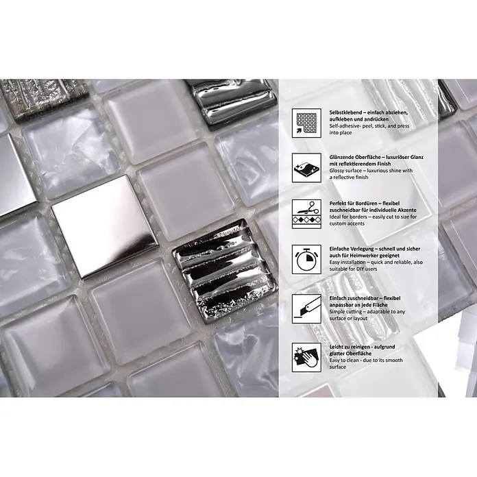 Selbstklebemosaik SAM 4CM24 - 30 x 30 cm, Weiß, Glänzend - Weiße und silberne Mosaikfliesen mit gemischten glänzenden, reflektierenden und texturierten Oberflächen.