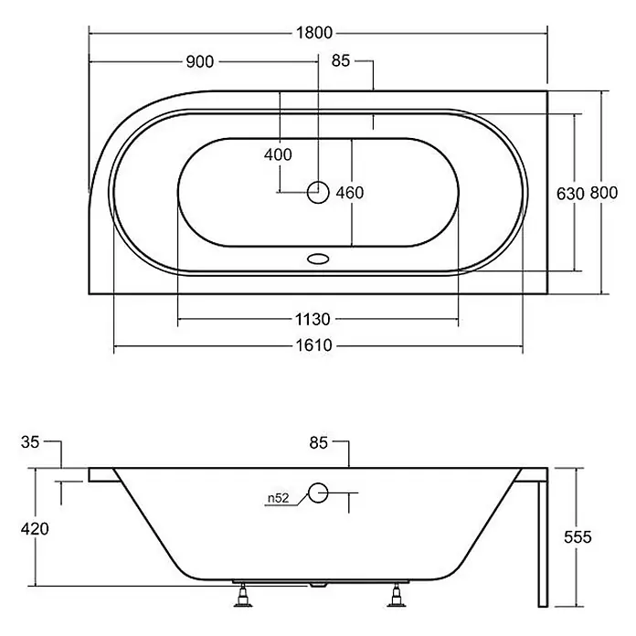 Bad Land Eckbadewanne - L x B: 180 x 80 cm, Sanitäracryl, Weiß - Technische Zeichnung einer Badewanne, mit Draufsicht und Seitenansicht und allen wichtigen Maßen.
