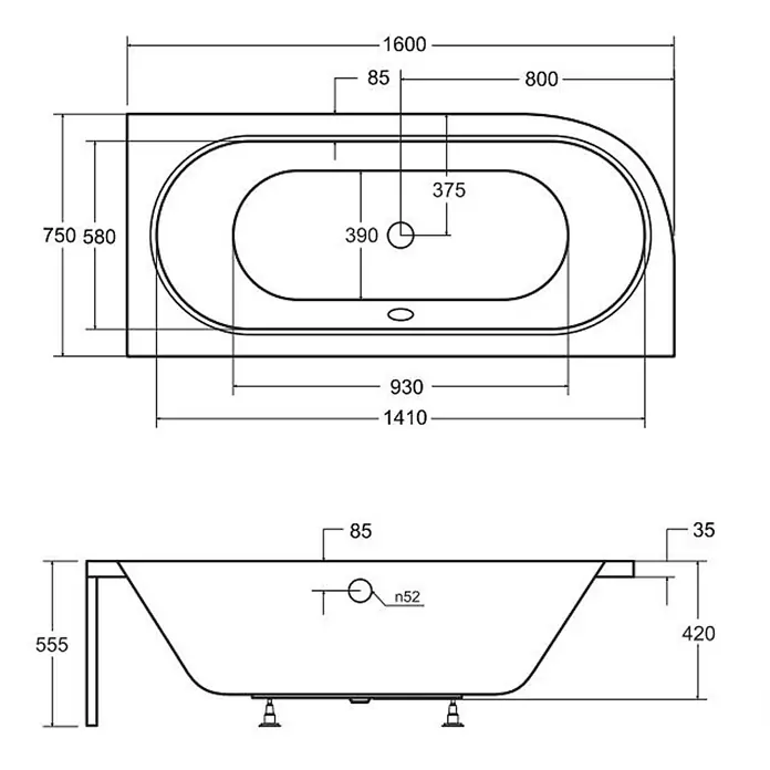 Bad Land Eckbadewanne - L x B: 160 x 75 cm, Sanitäracryl, Weiß - Technische Zeichnung einer Badewanne mit Draufsicht und Seitenansicht, inklusive Maße.