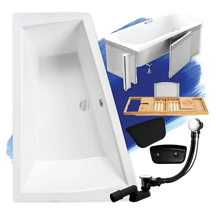 Bad Land Eckbadewanne - L x B: 170 x 125 cm, Sanitäracryl, Weiß - Weiße rechteckige Badewanne und Zubehör: Holzablage, schwarzes Kissen, Abflusssystem.