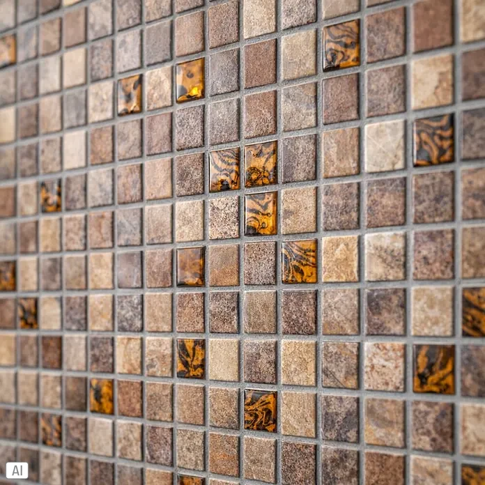 Mosaikfliese Quadrat Crystal Mix XCM M790 - 30,5 x 32,2 cm, Beige, Glänzend - Braune und beige Mosaikfliesen mit bernsteinfarbenen, gewirbelten Akzentstücken, bilden eine strukturierte Wandfläche.