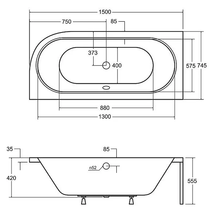 Bad Land Eckbadewanne - L x B: 150 x 75 cm, Sanitäracryl, Weiß - Technische Zeichnung einer asymmetrischen Badewanne mit Draufsicht und Seitenansicht, inklusive detaillierter Maße.