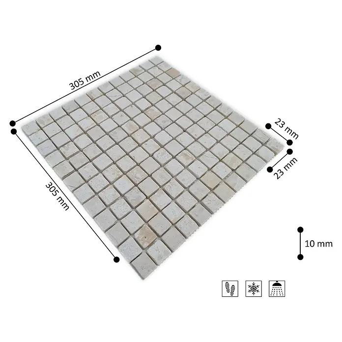 Mosaikfliese Quadrat Uni MOS TN23W - 30,5 x 30,5 cm, Cremeweiß, Matt - Helle Naturstein-Mosaikfliesenmatte, 305x305mm, mit 23x23mm Einzelsteinen und 10mm Dicke.