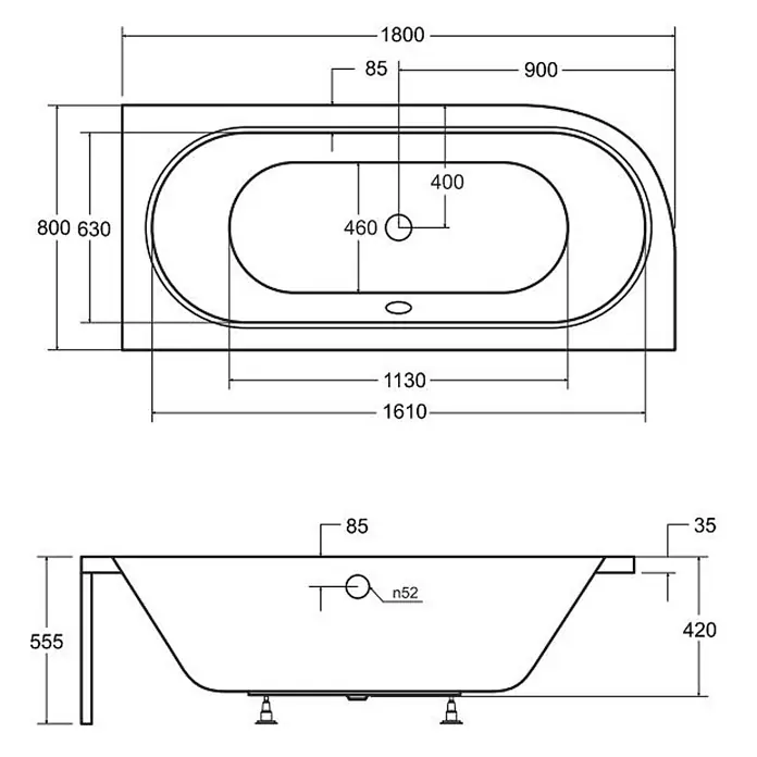 Bad Land Eckbadewanne - L x B: 180 x 80 cm, Sanitäracryl, Weiß - Technische Zeichnung einer asymmetrischen Badewanne mit detaillierten Maßen, Vorder- und Seitenansicht.