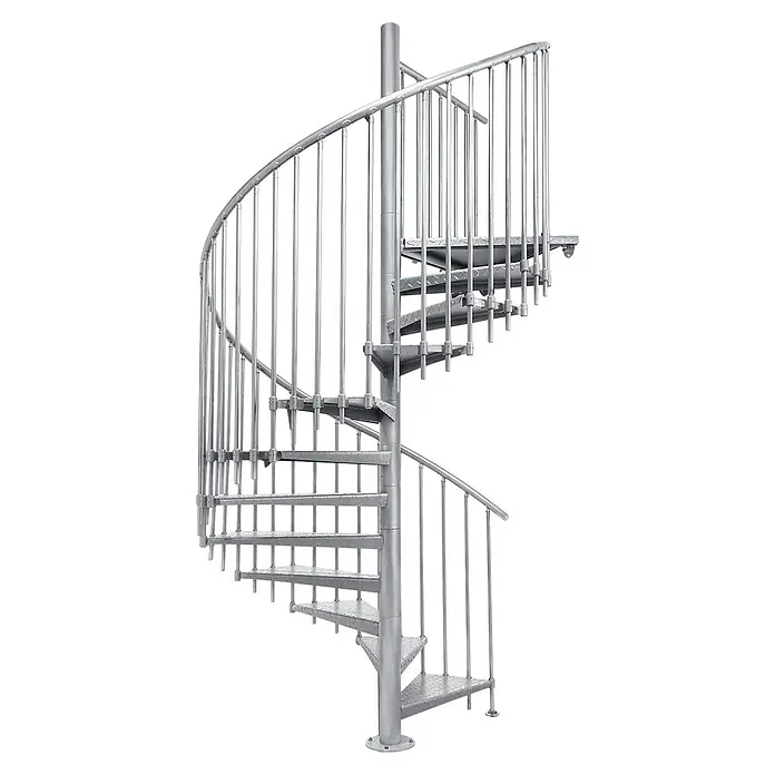 Atrium Spindeltreppe Heavy Metal Vertical - Farbton Metall: RAL 9006, Durchmesser: 169 cm, Riffelblech, Geschosshöhe: 280 cm - 300 cm - Silbergraue Wendeltreppe aus Metall mit geriffelten Stufen und vertikalen Geländerstäben.