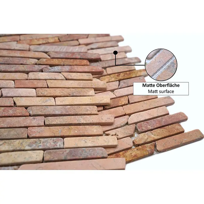 Mosaikfliese MOS BRICK 145 - 30,5 x 30,5 cm, Rot, Matt - Rötlich-braune Naturstein-Mosaikfliese mit länglichen, ziegelartigen Stücken und matter Oberfläche.