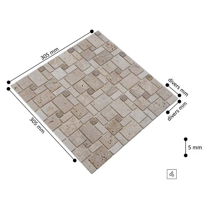 Selbstklebemosaik Travertin SAM 4CM14 -  - Quadratische hellbeige Travertin-Mosaikplatte mit unterschiedlich großen rechteckigen und quadratischen Steinen, 305x305mm, 5mm stark.
