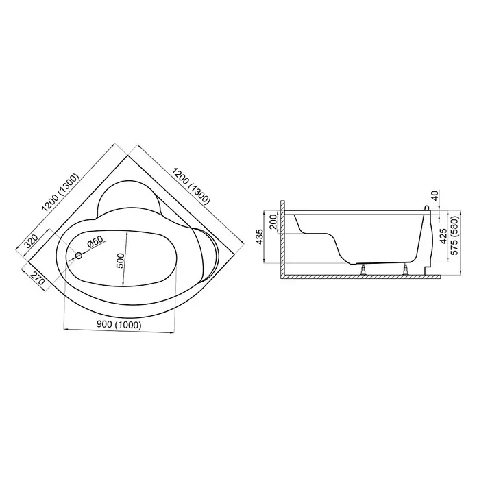 Bad Land Eckbadewanne STANDARD Acryl-Eckwanne 120 x 120 cm Weiß - Sanitäracryl, Weiß - Technische Zeichnung einer Eckbadewanne, zeigt Draufsicht und Seitenansicht mit detaillierten Maßen wie Länge, Breite, Höhe und Ablauföffnung.