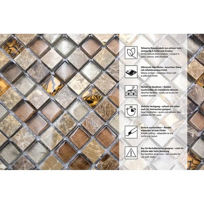 Mosaikfliese Quadrat Crystal Mix XCM M790 - 30,5 x 32,2 cm, Beige, Glänzend - Braune und beige Mosaikfliesen mit Naturstein- und Glanzelementen, teilweise marmoriert. Ideal für Barfußbereiche.