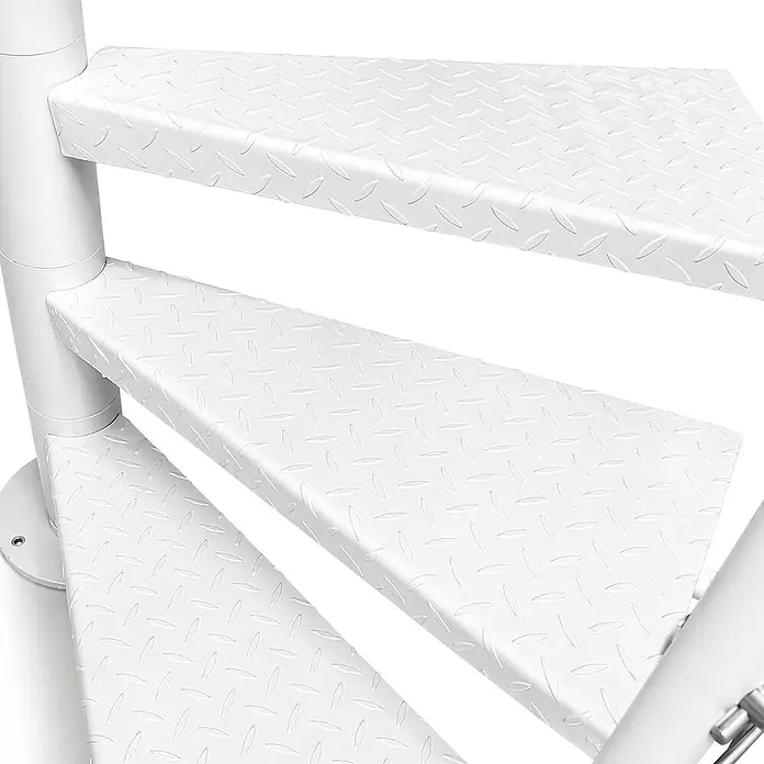 Atrium Spindeltreppe Heavy Metal - Farbton Metall: RAL 9003, Durchmesser: 169 cm, Riffelblech, Geschosshöhe: 280 cm - 300 cm - Weiße Metall-Wendeltreppe mit Riffelblechstufen.