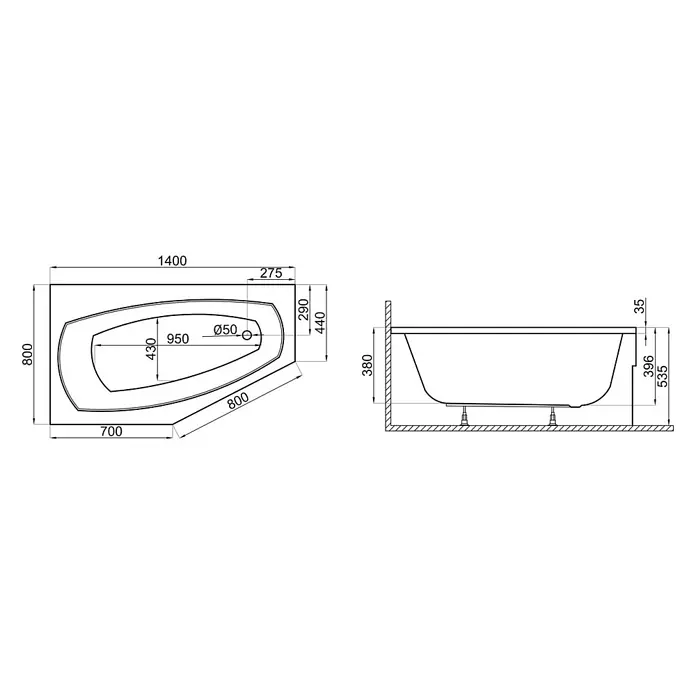 Bad Land Eckbadewanne MARIKA Acryl-Eckwanne 140 x 80 cm rechts Weiß - L x B: 140 x 80 cm, Sanitäracryl, Weiß - Technische Zeichnung einer asymmetrischen Badewanne mit Maßen, Draufsicht und Seitenansicht.