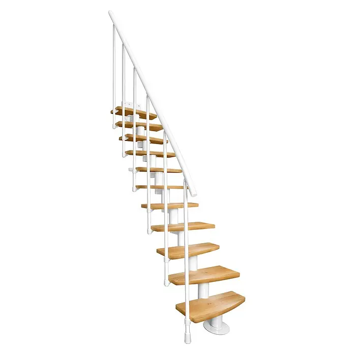Atrium Raumspartreppe Mini Plus - Farbton Metall: RAL 9003, Breite: 60 cm, Buche, Geschosshöhe: 222 cm - 300 cm - Platzsparende Treppe mit hellen Holzstufen und weißem Metallgeländer.