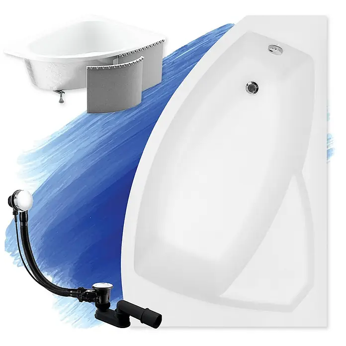 Bad Land Eckbadewanne - L x B: 140 x 90 cm, Sanitäracryl, Weiß - Weiße Acryl-Eckbadewanne mit Chromablaufgarnitur und zwei grauen Schürzenplatten.