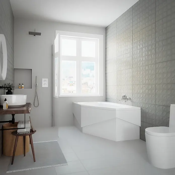 Bad Land Eckbadewanne MARIKA Acryl-Eckwanne 140 x 80 cm links Weiß - L x B: 140 x 80 cm, Sanitäracryl, Weiß - Ein modernes Badezimmer mit weißer, eckiger Badewanne, wandhängendem WC und schwebendem Waschtisch mit Aufsatzwaschbecken.