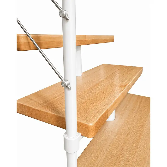 Atrium Mittelholmtreppe Dixi Plus - Farbton Metall: RAL 9003, Breite: 70 cm, Buche, 1/4-gewendelt, Geschosshöhe: 222 cm - 300 cm - Moderne Wendeltreppe mit hellen Holzstufen, weißer Mittelsäule und schlankem Edelstahlgeländer.
