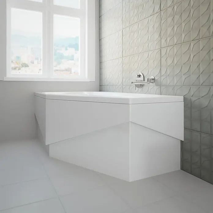 Bad Land Eckbadewanne MARIKA Acryl-Eckwanne 140 x 80 cm links Weiß - L x B: 140 x 80 cm, Sanitäracryl, Weiß - Moderne weiße freistehende Badewanne mit einzigartigen abgewinkelten Seitenpaneelen in einem hellen Badezimmer.
