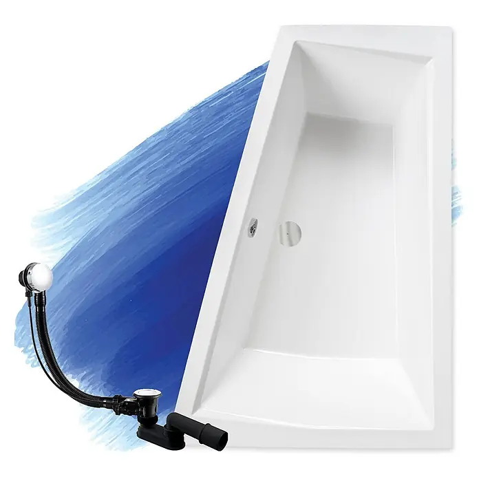 Bad Land Eckbadewanne - L x B: 180 x 125 cm, Sanitäracryl, Weiß - Weiße rechteckige Badewanne mit schwarzem flexiblem Abfluss- und Überlaufset auf blauem Pinselstrichhintergrund.