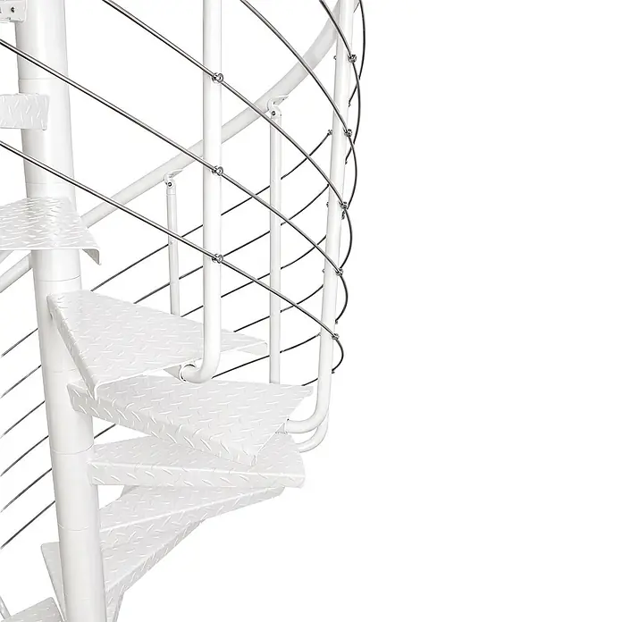 Atrium Spindeltreppe Heavy Metal - Farbton Metall: RAL 9003, Durchmesser: 169 cm, Riffelblech, Geschosshöhe: 280 cm - 300 cm - Weiße Wendeltreppe mit Riffelblechstufen und Drahtseilgeländer.