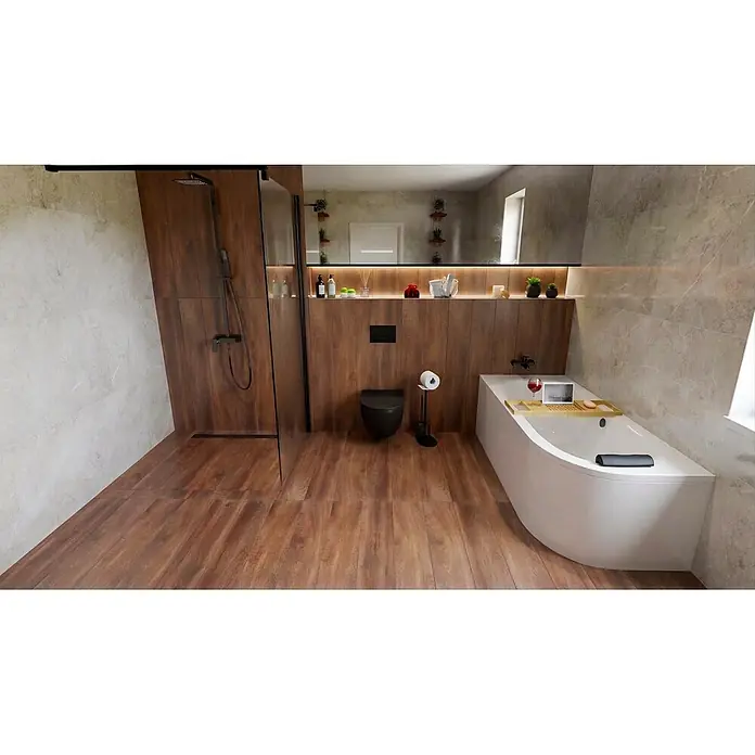 Bad Land Eckbadewanne AVITA Acryl-Eckwanne 150 x 75 cm links Weiß, inkl. Kopfstütze - Sanitäracryl, Weiß - Modernes Bad mit Holzoptik-Boden/-Wänden, hellgrauen Fliesen. Mit schwarzer Dusche, Wand-WC und weißer Badewanne mit Ablage.