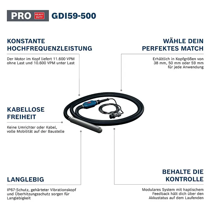 Bosch Professional Innenrüttler Akku-Betonrüttler-System GDI59-500 - Kabellänge: 5 m - Ein kabelloser Betonrüttler mit flexiblem Schlauch und zylindrischem Vibrationskopf, für Bauarbeiten konzipiert.