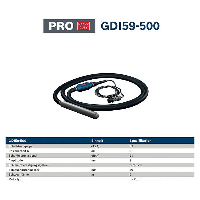 Bosch Professional Innenrüttler Akku-Betonrüttler-System GDI59-500 - Kabellänge: 5 m - Ein schwarzer Schlauchrüttler mit silbernem Vibratorkopf und blauer Steuerung, zur Betonverdichtung.