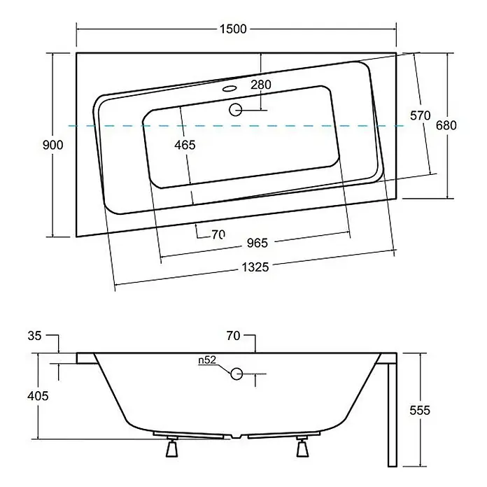 Bad Land Eckbadewanne INFINITY Acryl-Eckwanne 150 x 90 cm links Weiß - L x B: 150 x 90 cm, Sanitäracryl, Weiß - Technische Zeichnung einer asymmetrischen Badewanne mit Maßen, Draufsicht und Seitenansicht. Länge 1500mm, max. Breite 900mm, Höhe 555mm.