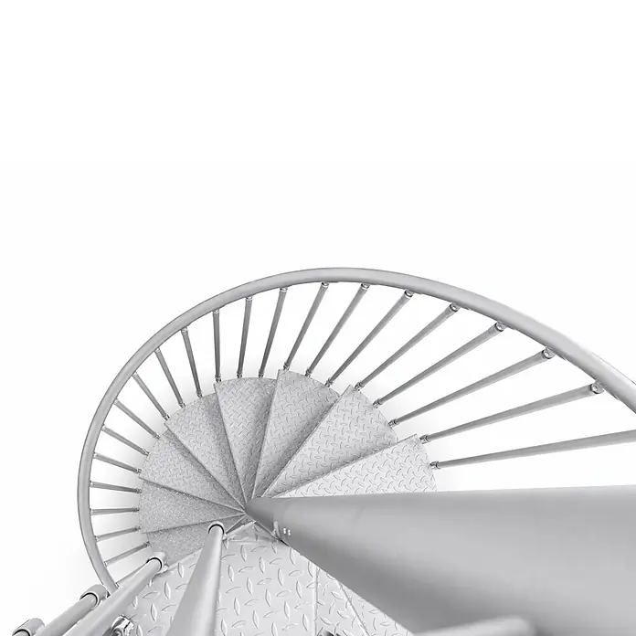 Atrium Spindeltreppe Heavy Metal Vertical - Farbton Metall: RAL 9006, Durchmesser: 144 cm, Riffelblech, Geschosshöhe: 280 cm - 300 cm - Wendeltreppe aus Metall von oben gesehen, mit Riffelblechstufen und gebogenem Geländer.