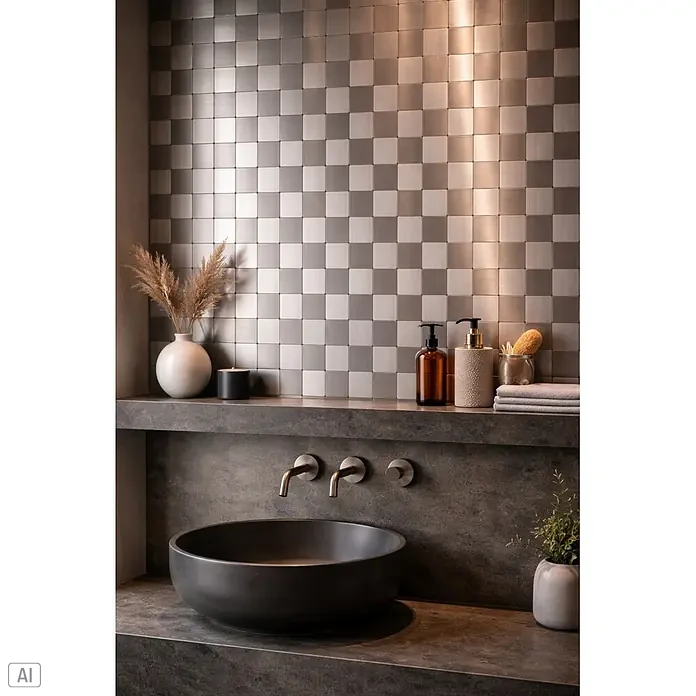 Selbstklebemosaik SAM 4MM25 - 30,5 x 30,5 cm, Silber, Matt - Moderne Badezimmerwand mit abwechselnd matten und gebürsteten quadratischen Metallfliesen im Schachbrettmuster.