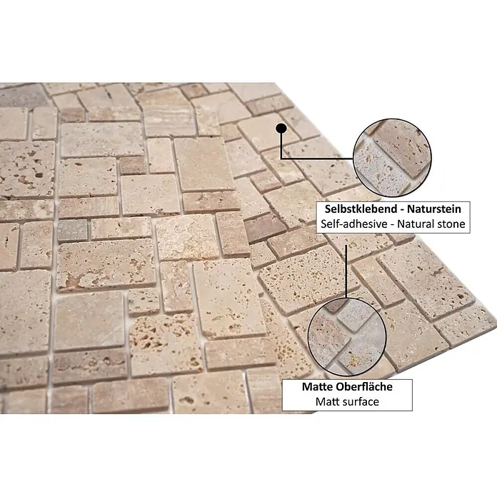 Selbstklebemosaik Travertin SAM 4CM14 -  - Selbstklebende Naturstein-Mosaikfliesen mit matter Oberfläche.