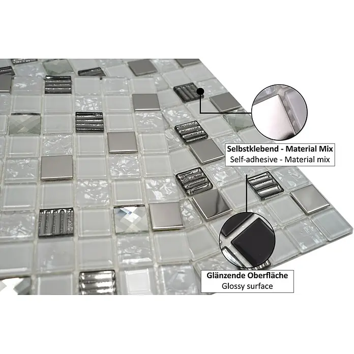 Selbstklebemosaik SAM 4CM24 - 30 x 30 cm, Weiß, Glänzend - Selbstklebende Mosaikfliesen im Materialmix aus glänzendem Glas und Metallelementen in Weiß, Silber, Grau.