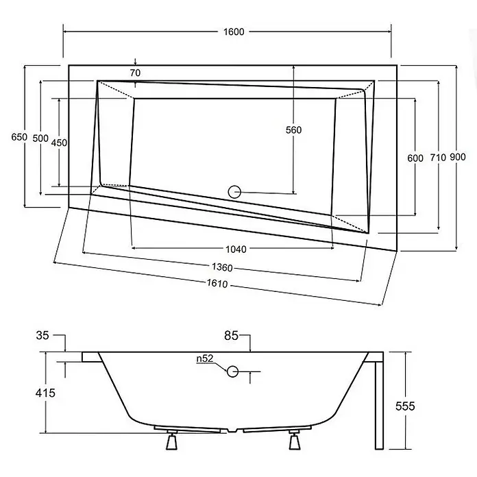 Bad Land Eckbadewanne - L x B: 160 x 90 cm, Sanitäracryl, Weiß - Technische Zeichnung einer rechteckigen Badewanne mit Maßen, Draufsicht und Seitenansicht.