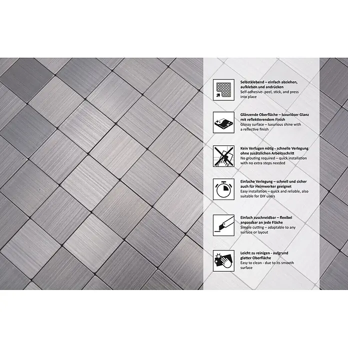 Selbstklebemosaik SAM 4MM25 - 30,5 x 30,5 cm, Silber, Glänzend - Quadratische, selbstklebende Fliesen in gebürsteter Metalloptik mit glänzender Oberfläche, diagonal angeordnet.