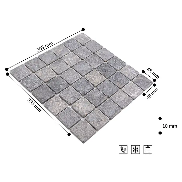 Mosaikfliese Quadrat Uni MOS TN48LG - 30,5 x 30,5 cm, Lichtgrau, Matt - Graue Naturstein-Mosaikfliesen, 305x305mm Platte mit 48x48mm Einzelsteinen, 10mm stark. Frostsicher, geeignet für Duschen und Böden.