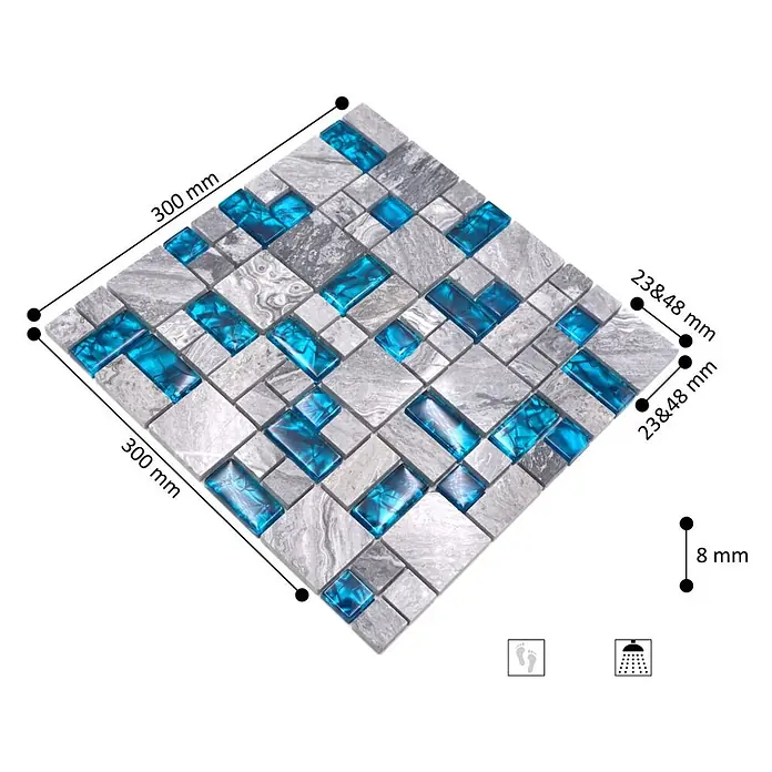 Mosaikfliese Crystal Mix XCM MC589 - 30 x 30 cm, Grau, Glänzend - Dekorative Mosaikfliesenmatte (300x300mm) mit grauen Steinen und blauen Glaselementen.