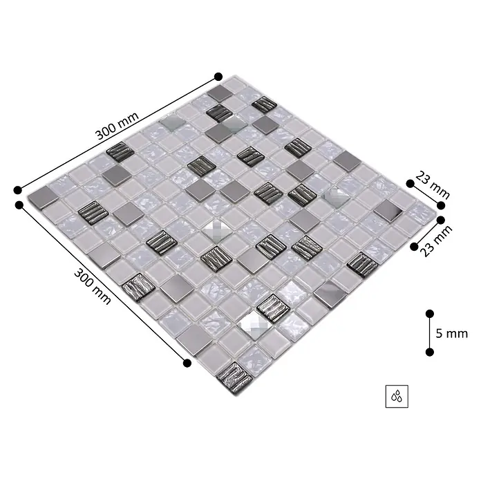 Selbstklebemosaik SAM 4CM24 - 30 x 30 cm, Weiß, Glänzend - Mosaikfliesenmatte, 300x300mm, mit weißen, grauen und silbernen Materialmix-Fliesen (23x23mm, 5mm dick), für Nassbereiche geeignet.