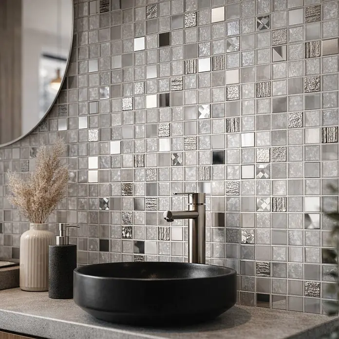 Selbstklebemosaik SAM 4CM24 - 30 x 30 cm, Weiß, Glänzend - Silberne und graue Mosaikfliesenrückwand mit gemischten Texturen und Spiegelakzenten, über einem modernen Waschbecken.