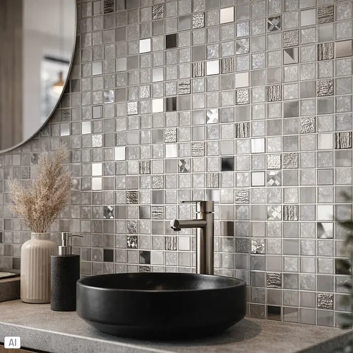 Selbstklebemosaik SAM 4CM24 - 30 x 30 cm, Weiss - Silberne und graue Mosaikfliesenrückwand mit gemischten Texturen und Spiegelakzenten, über einem modernen Waschbecken.