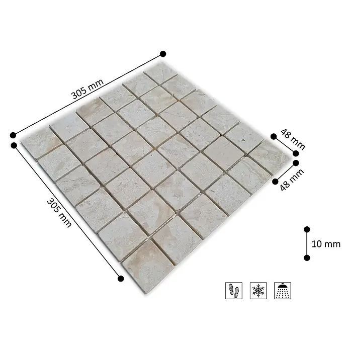 Mosaikfliese Quadrat Uni MOS TN48W - 30,5 x 30,5 cm, Cremeweiß, Matt - Helle beige Naturstein-Mosaikfliesenmatte, 305x305mm, mit 48x48mm Fliesen und 10mm Stärke. Rutschfest, frostbeständig, duschgeeignet.