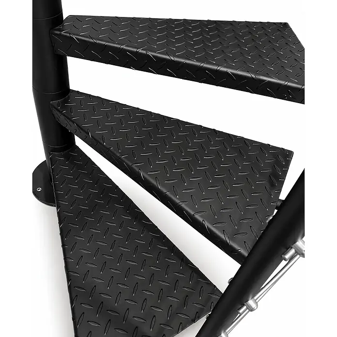 Atrium Spindeltreppe Heavy Metal - Farbton Metall: RAL 9005, Durchmesser: 119 cm, Riffelblech, Geschosshöhe: 280 cm - 300 cm - Schwarze Metall-Wendeltreppe mit rutschfesten Trittstufen aus Riffelblech.