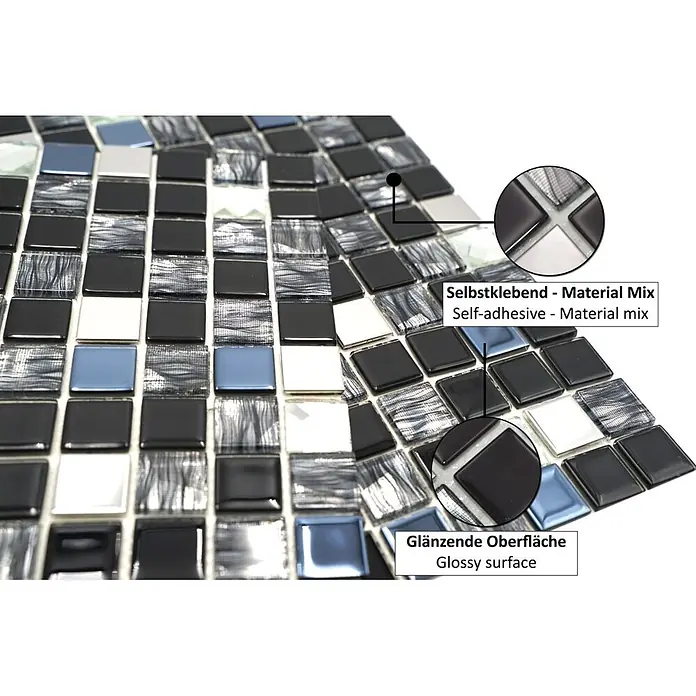 Selbstklebemosaik SAM 4CM26 - 30 x 30 cm, Mix Schwarz, Glänzend - Selbstklebende Mosaikfliesen mit glänzender Oberfläche, Materialmix aus schwarzen, weißen, blauen und gemusterten Fliesen.