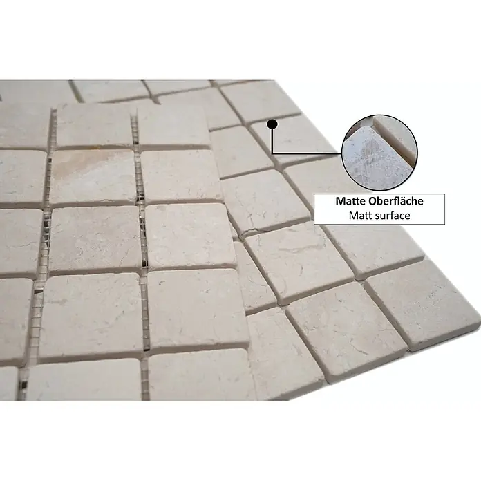 Mosaikfliese Quadrat Uni MOS TN48W - 30,5 x 30,5 cm, Cremeweiß, Matt - Helle, beige quadratische Naturstein-Mosaikfliesen mit matter Oberfläche, auf Netz verklebt.