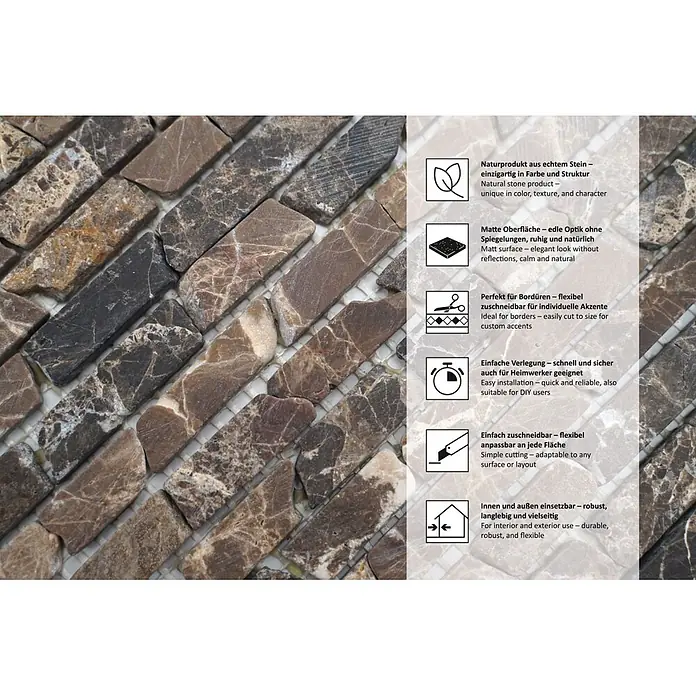 Mosaikfliese MOS BRICK 185KB - 30,5 x 30,5 cm, Braun, Matt - Braune und dunkelgraue Naturstein-Mosaikfliese mit variierten rechteckigen Stücken, teils geädert, auf Netz.
