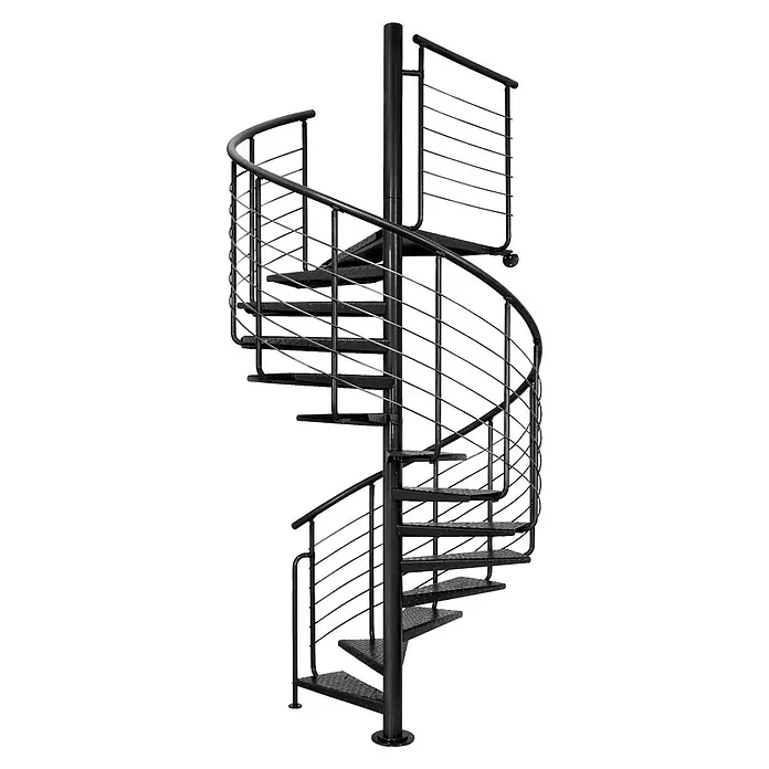 Atrium Spindeltreppe Heavy Metal - Farbton Metall: RAL 9005, Durchmesser: 169 cm, Riffelblech, Geschosshöhe: 280 cm - 300 cm - Schwarze Metall-Wendeltreppe mit Sicherheitsgeländer.