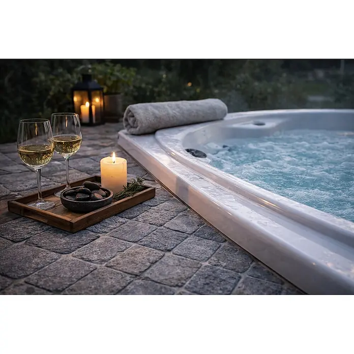 Mosaikfliese Quadrat Uni MOS TN48LG - 30,5 x 30,5 cm, Lichtgrau, Matt - Außenwhirlpool mit sprudelndem Wasser, begleitet von Wein, einer Kerze und einem Handtuch auf Steinfliesen für abendliche Entspannung.