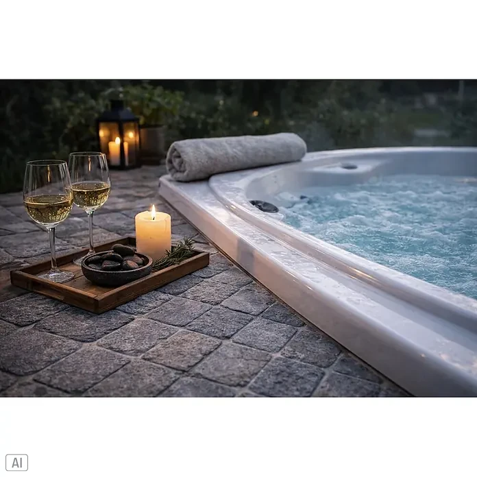 Mosaikfliese Quadrat Uni MOS TN48LG - 30,5 x 30,5 cm, Lichtgrau, Matt - Außenwhirlpool mit sprudelndem Wasser, begleitet von Wein, einer Kerze und einem Handtuch auf Steinfliesen für abendliche Entspannung.